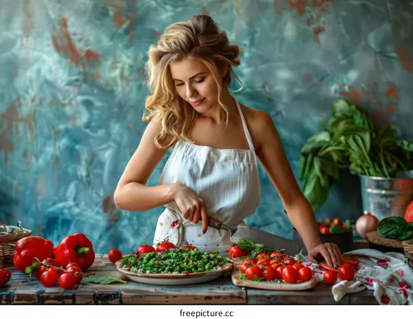 Blonde woman in an apron cutting cherry tomatoes and holding a large knife