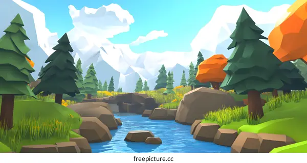Low Poly 3D Nature Illustration of Mountain Stream