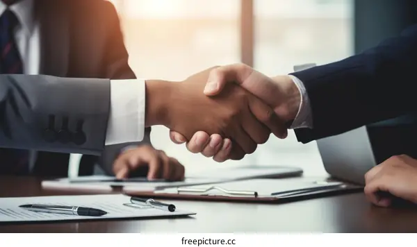 Two businessmen shaking hands over a desk in an office with a laptop on it