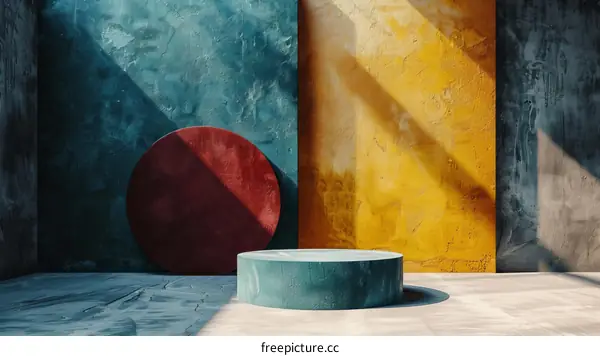 Blue and yellow concrete podium with a red circle on the left