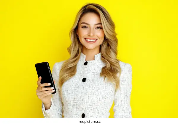 Smiling Woman Holding a Phone in Front of Yellow Background
