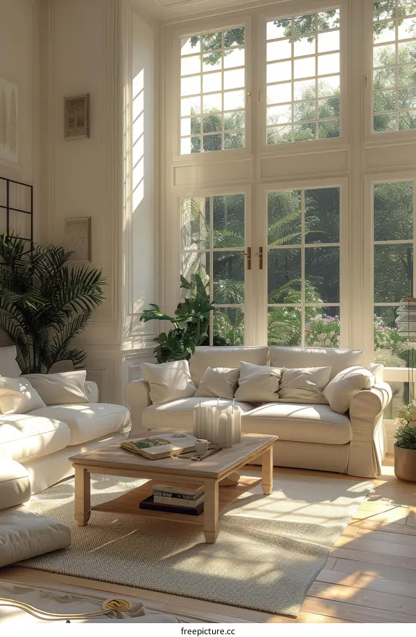 Modern Living Room with White Decor and Indoor Plants