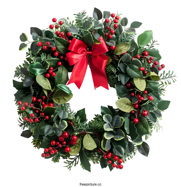 [Transparent Background PNG]Christmas Wreath with Red Bow and Berries