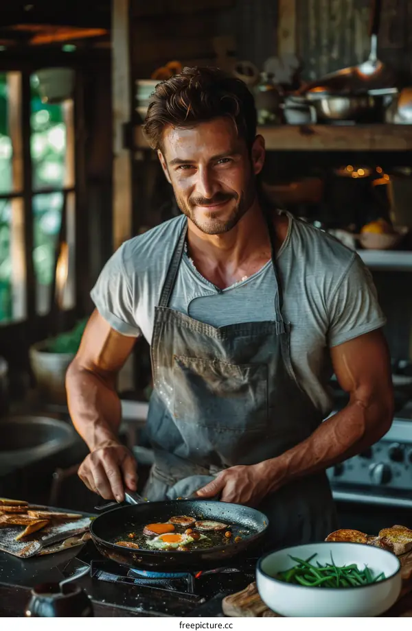 Handsome muscular man cooking in the kitchen