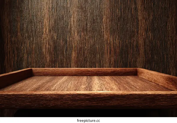 Empty Wooden Display Shelf Against Dark Wood Paneling