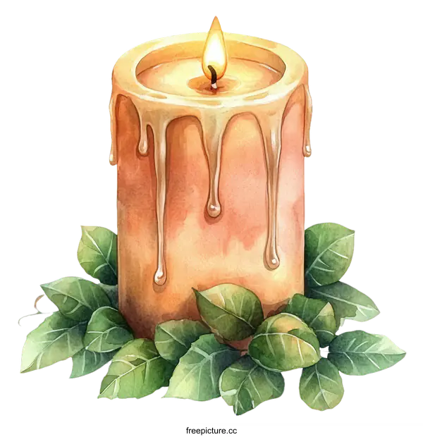 [Transparent Background PNG]Watercolor Illustration of a Single Candle with Dripping Wax
