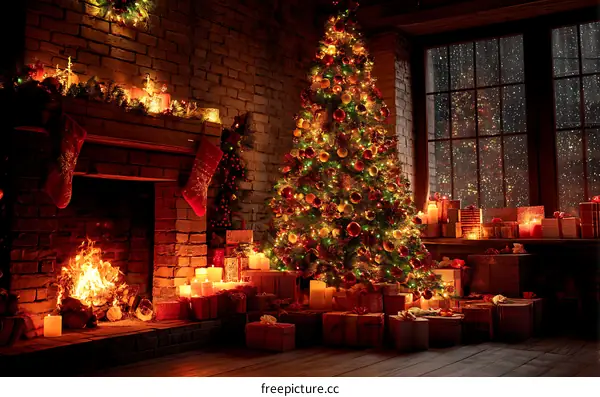 Christmas Interior with Fireplace and Christmas Tree