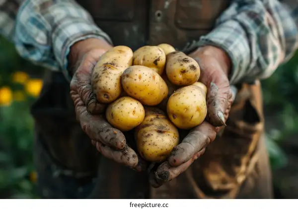 A farmer holding a handful of freshly harvested potatoes