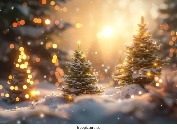 Two Christmas Trees in a Snowy Forest