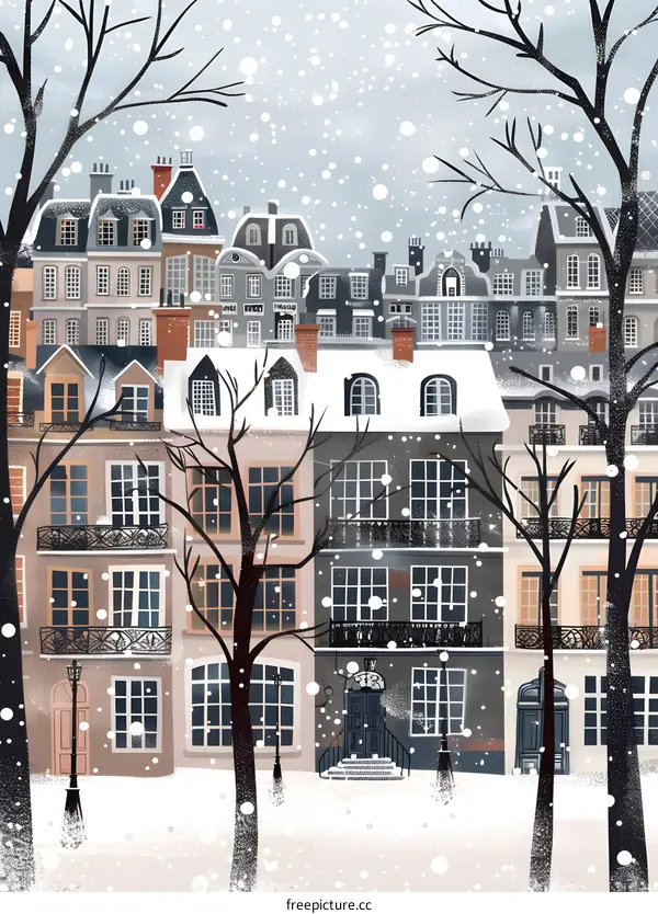 Snowy Winter Scene with European Buildings