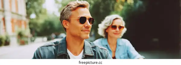 Couple Wearing Sunglasses in City Outdoors