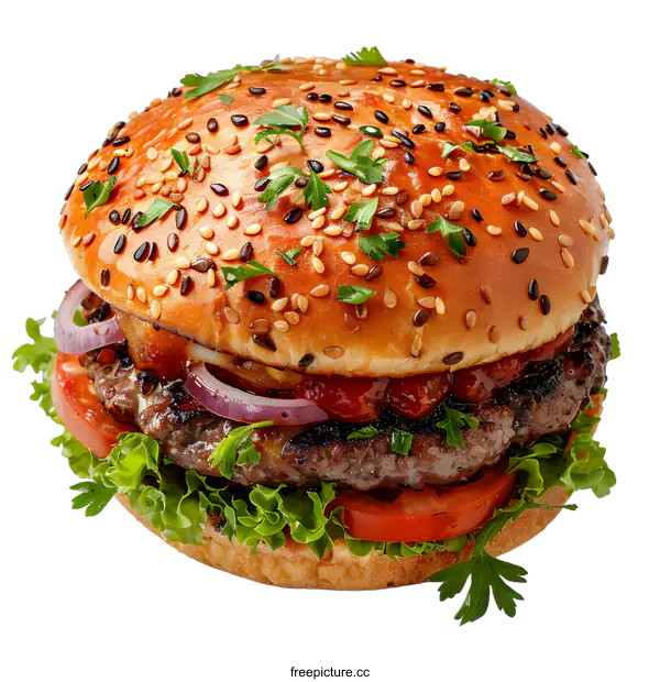 [Transparent Background PNG]yummy beef burger with fresh vegetables
