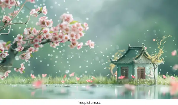 Serene Reflection: Japanese Cherry Blossoms & Miniature Pavilion