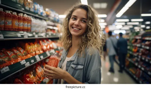 Portrait of a happy young woman with curly hair grocery shopping in a supermarket