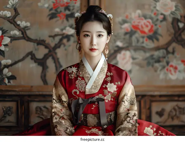 Portrait of a young woman in traditional Korean hanbok dress