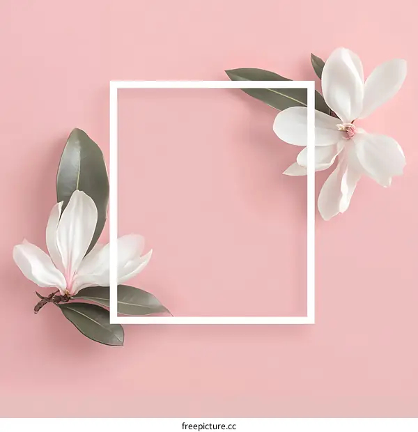 White Magnolia Flowers on a Pink Background with a White Square Frame