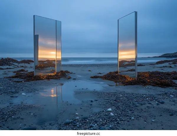 Two Mirrors Reflecting Sunset on Beach