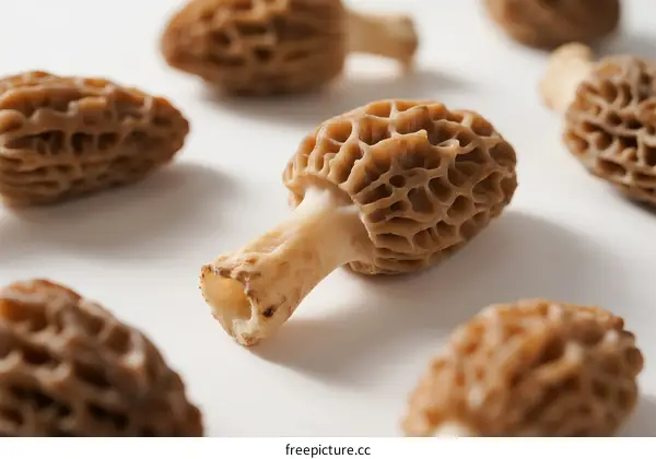 Fresh Morel Mushrooms on White Background with Natural Texture