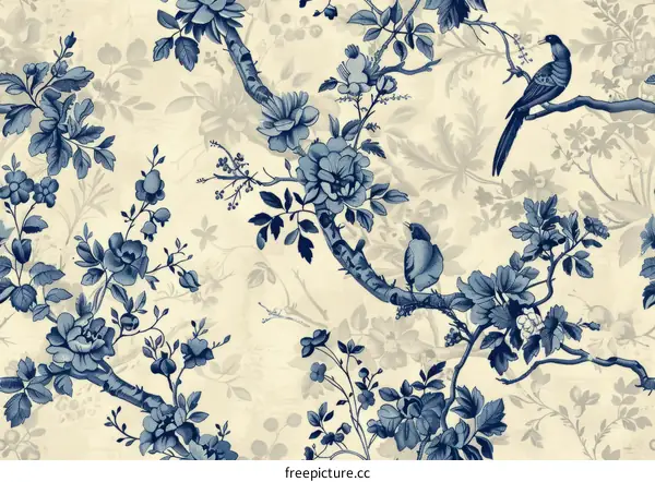 Blue and White Chinoiserie Floral Pattern Featuring Birds