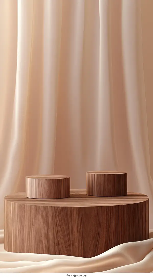 Elegant Wooden Display Stands with Soft Drapery Background