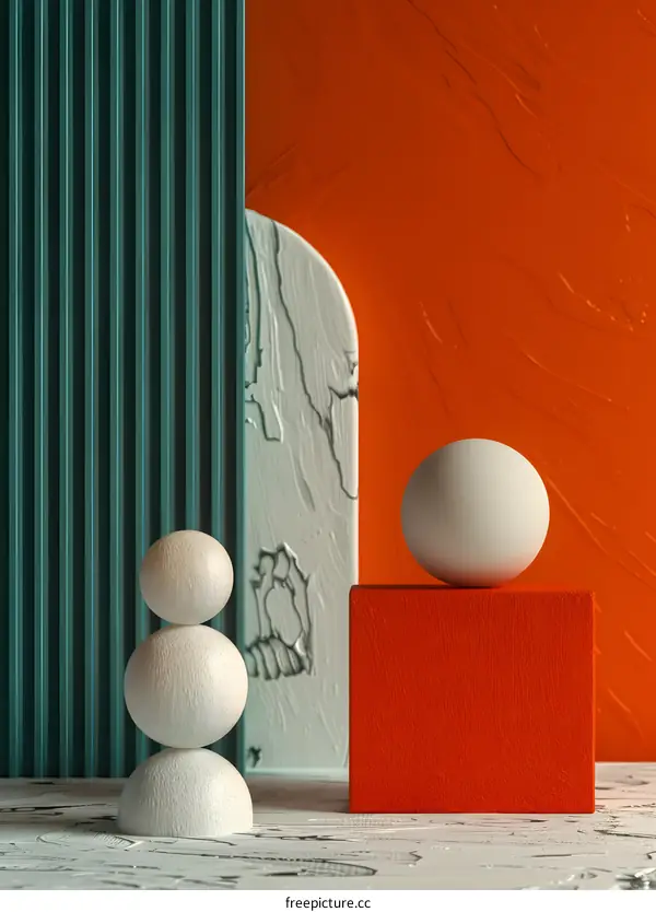 3d rendering of a podium and spheres against an orange and green background