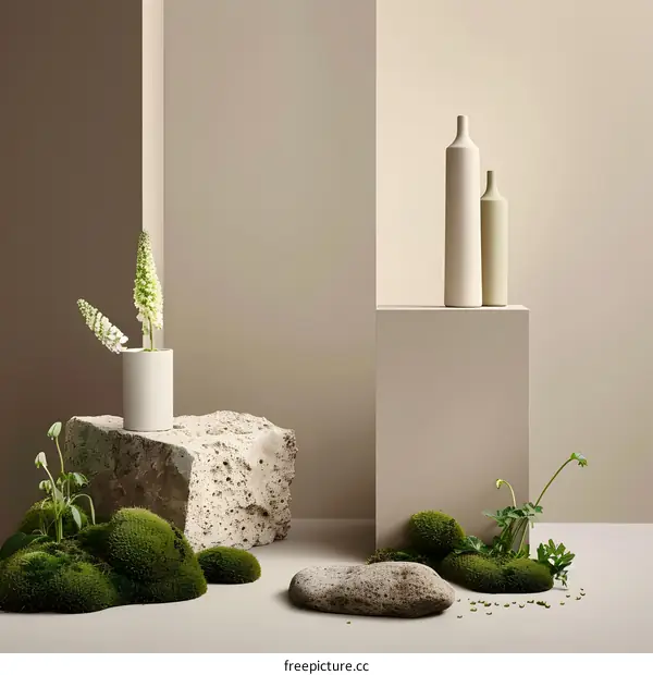 Minimalist Still Life with Stone, Flowers, and Ceramic Vases