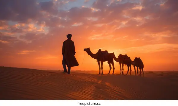 Silhouette of a Man and Camels at Sunset in the Desert