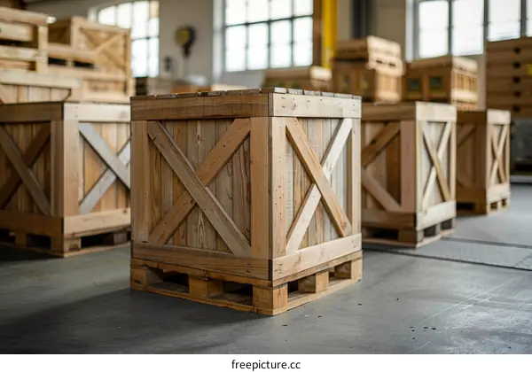 Wooden boxes stacked in a warehouse