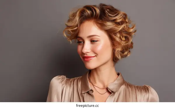 Beautiful Woman with Curly Hair and Stylish Outfit