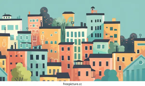 Colorful Cityscape Illustration with Houses and Buildings