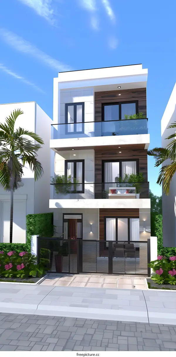 Modern Three Storey House with Balcony and  Palm Trees