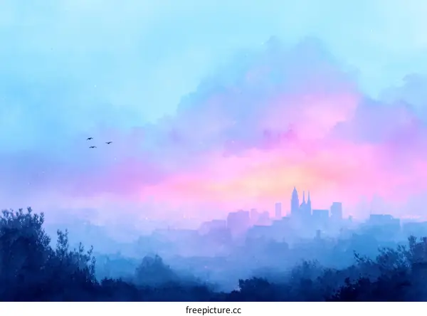 Pastel Sunrise Cityscape Illustration