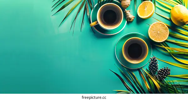 Tropical Flat Lay With Lemon And Ginger Tea