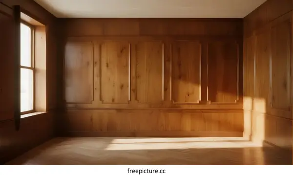 Empty room with wooden paneling and a window letting in light