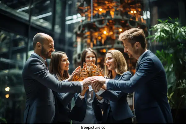 business people holding hands over golden puzzle sphere