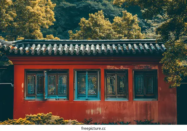Red Chinese Traditional Building with Windows