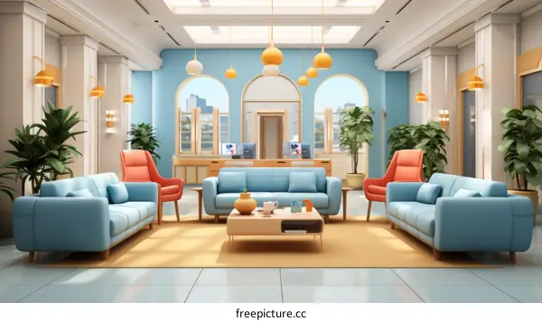 Modern Office Lobby Interior with Vibrant Blue and Orange Decor