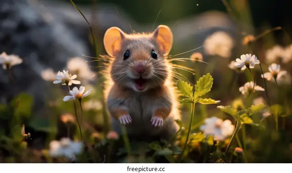 A cute mouse standing in a field of wildflowers