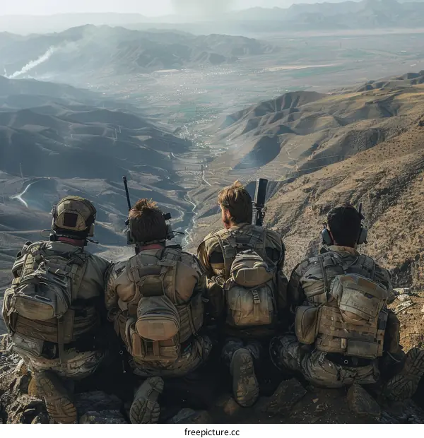 Four soldiers looking down at a valley from a mountaintop