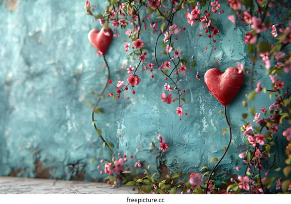 Two red heart-shaped balloons tied to a branch with pink flowers against a blue textured background.
