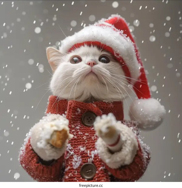 A cute cat wearing a Santa hat is looking up at the snow