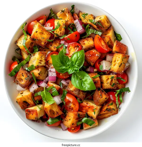 top view of a bowl of panzanella salad with tomatoes, basil and red onion