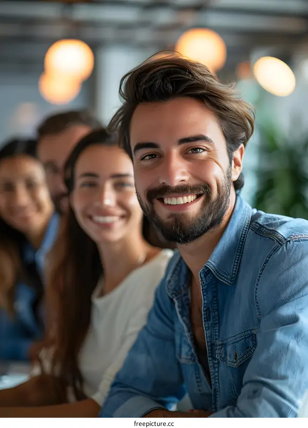 Portrait of a smiling man with a beard and three people in the background
