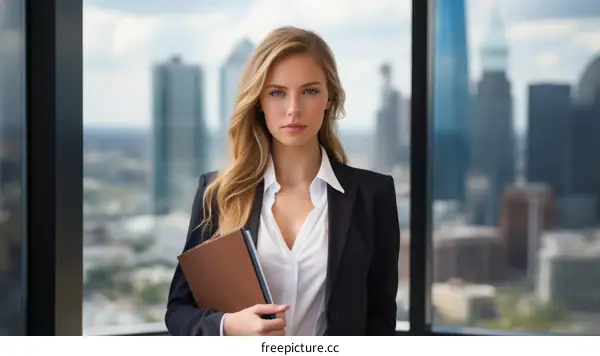 Confident businesswoman standing in front of a window with a cityscape view