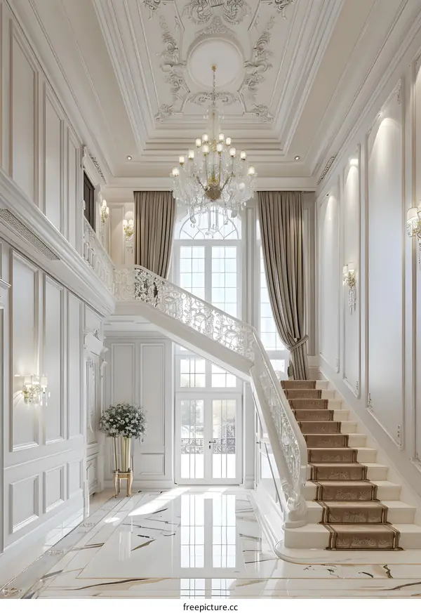 Grand Entrance Hall with White Staircase and Chandelier
