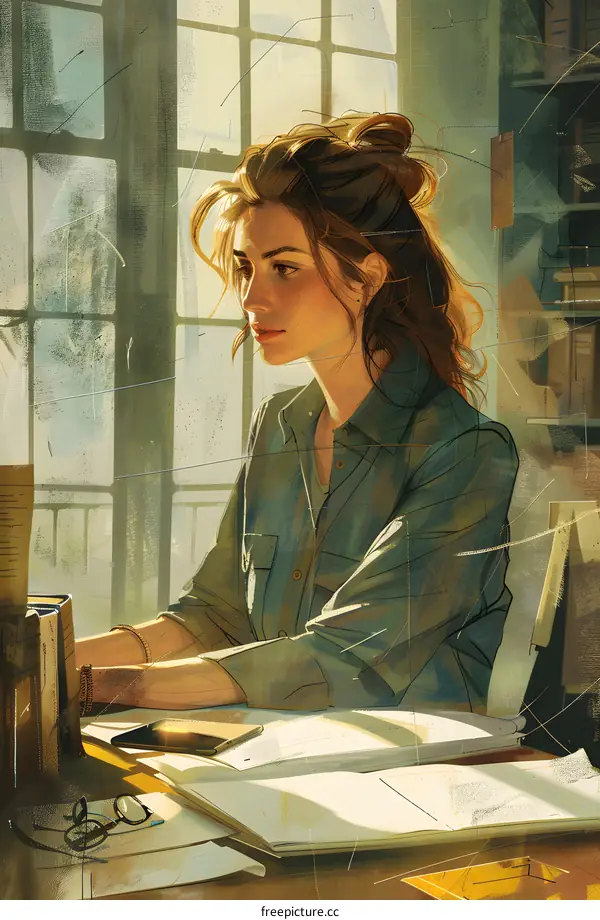 A woman is sitting at a desk looking at her computer.