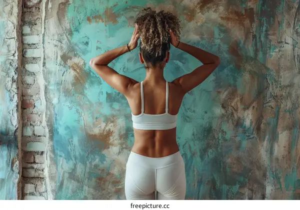 Fit Woman Posing Against Teal Wall