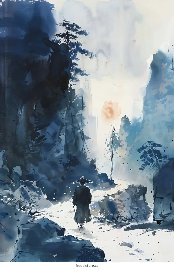 Watercolor Painting of a Man Walking Through a Mountain Path