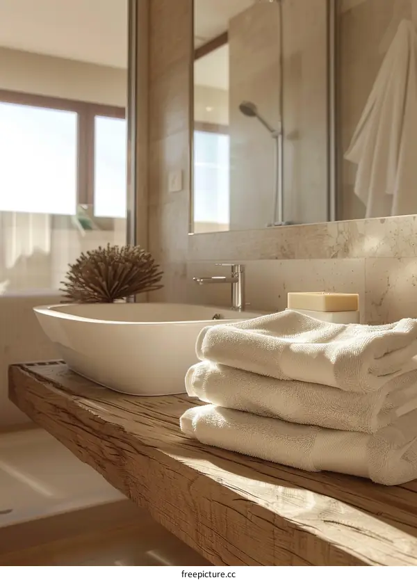 Modern Bathroom Vanity with Wooden Countertop and Towels
