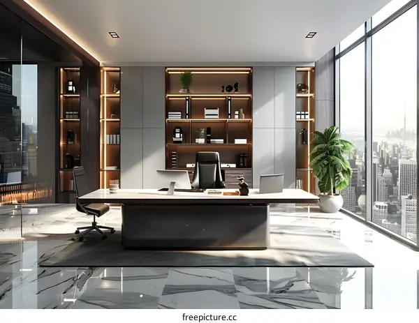 Modern office interior with large windows and a city view